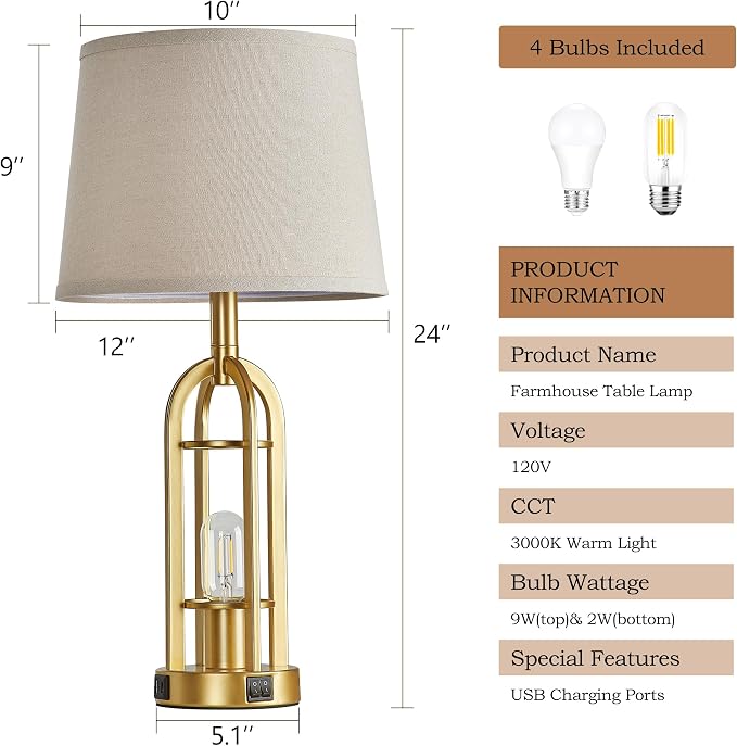 SRJJA Gold Table Lamps for Living Room Set of 2 - Modern Farmhouse Bedside Lamps for Bedroom Night Stands with Nightlight and USB A+C, Industrial Lamp for Living Room End Tables