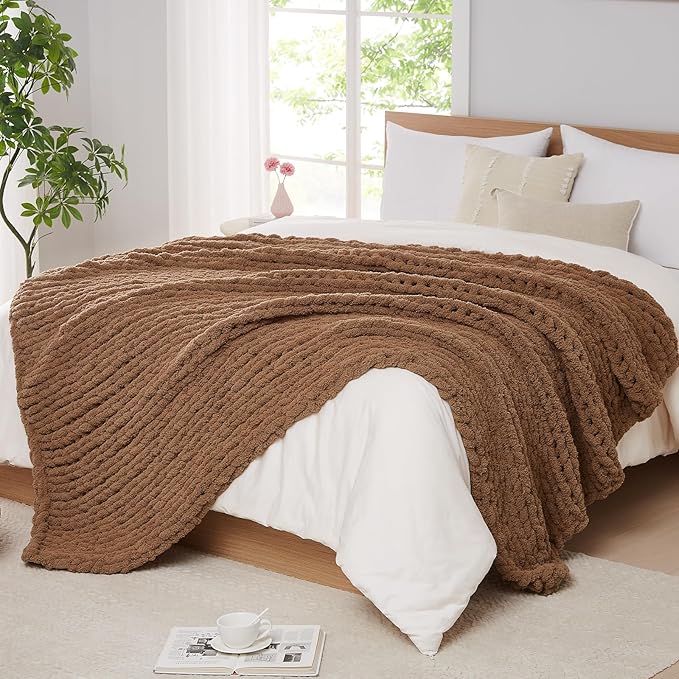 L'AGRATY Chunky Knit Throw Blanket for Couch, 72'' x 84'' Knit Throw, Brown | Handmade Chenille Crochet Blanket for Sofa Bed, Thick Cable Knitted Blankets for Room Home Decor, Birthday Gift for Women Mom