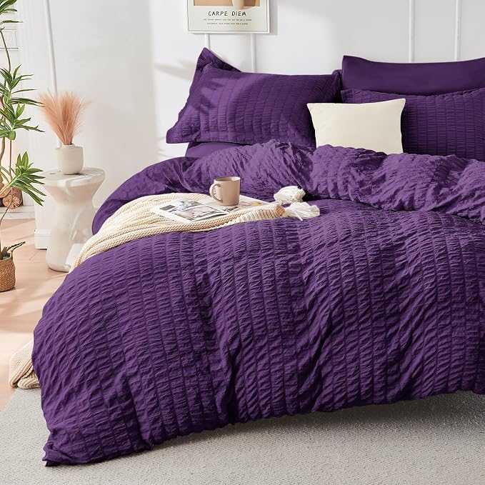 HYMOKEGE Dark Purple California King Comforter Set Seersucker 7 Pieces, All Season Luxury Bed in a Bag for Bedroom, Bedding Set with Comforter, Sheets, Pillowcases & Shams
