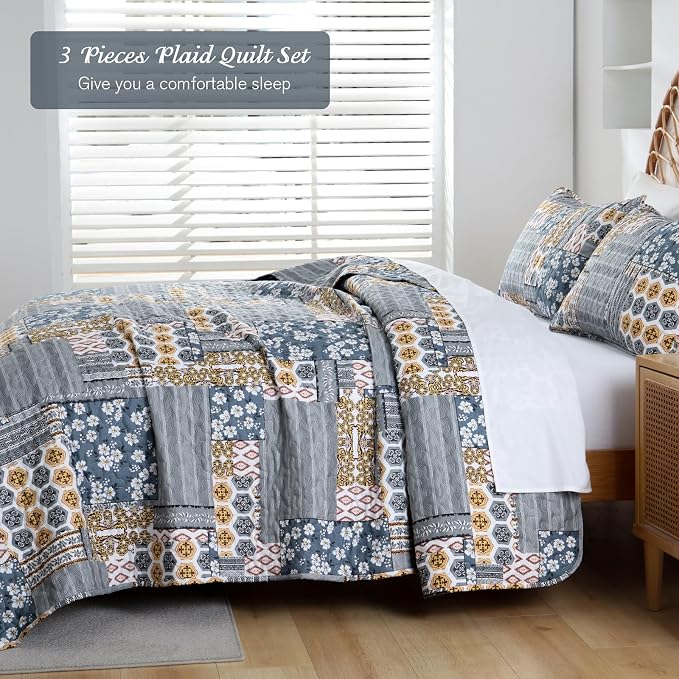 Mybedsoul Boho Quilts Queen Size, Floral Patchwork Bedding Set, Dark Grey | Soft Lightweight Microfiber Coverlet Set, 3 Pieces Plaid Reversible Bedspread, Bed Sets for All Seasons 96"x90"