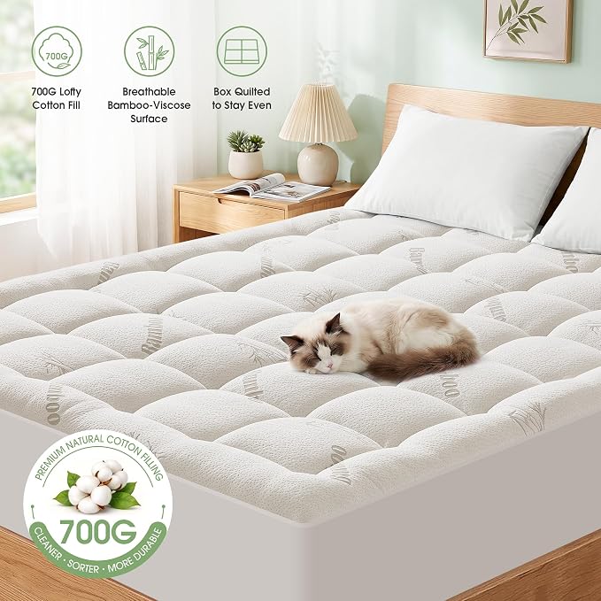Mattress Pad Full Size, Cooling Pillow Top Mattress Topper, Ultra Soft Viscose Made from Bamboo, Breathable for Hot Sleepers, Deep Pocket 8"-20", White