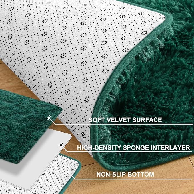 Soft Modern Indoor Shaggy Area Rug for Bedroom Livingroom Dorm Kids Room Home Decorative, Non-Slip Plush Fluffy Furry Fur Rugs Comfy Nursery Accent Floor Carpet 3x5 Feet, Deep Green