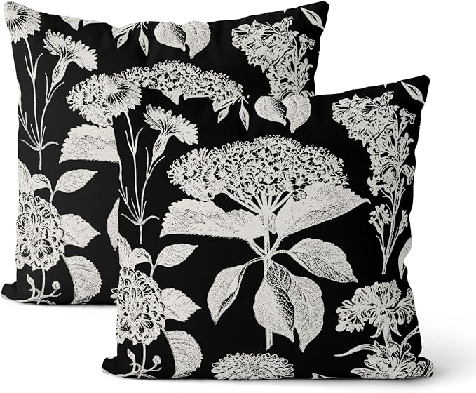 Vintage Floral Pillow Covers 18x18 Inch 2 Pcs Boho Black Hydrangea Flower Decor Throw Pillows Spring Summer Seasonal Outdoor Farmhouse Decoration Pillowcase Linen Cushion Cover for Couch