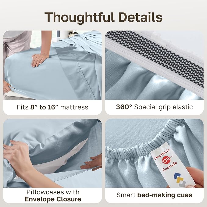 California Design Den 100% Egyptian Cotton Queen Bedsheets, Light Blue | Backed by Good Housekeeping Seal, Light & Airy Soft Sateen, 16" Deep Pocket, All-Around Elastic, Durable, Easy Care 4pc Set