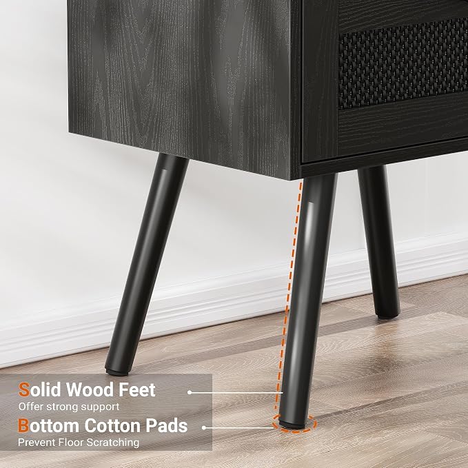 SUPERJARE Nightstands with Charging Station, Set of 2, All Black | Bedside Table with Texilene Surface Drawers, Rattan Side Table with Storage & Solid Wood Feet, End Table for Bedroom