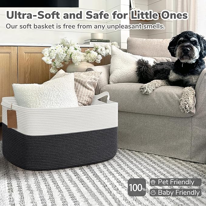 Goodpick 75L Extra Large Woven Rope Blanket Basket, Rectangle, Dark Gray | 22" × 17" × 12" Decorative Storage Basket for Blankets, Toys & Clothes, Fits Living Room, Bedroom & Nursery Organization