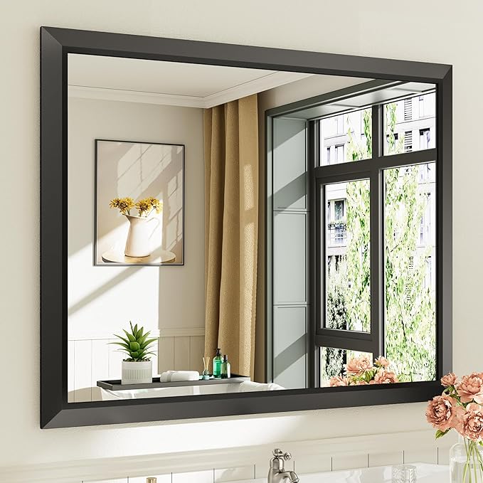 Black Metal Framed Bathroom Wall Mirror, 40x32 Inch | Anti-rust, HD tempered glass, for bathroom vanity, bedroom, living room, horizontal or vertical mount