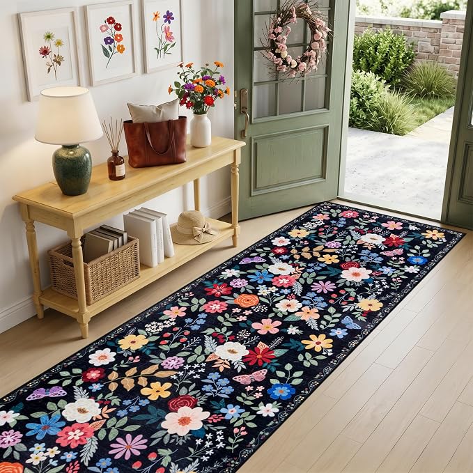 PLHXFR 2.6x10 Washable Runner Rug：Floral Indoor Kitchen Soft Carpet Black | For Hallway Bedroom Kitchen Laundry Bathroom Dorm,Vintage Floral,Machine washable,Non Slip,Stain Resistant,Indoor Floor