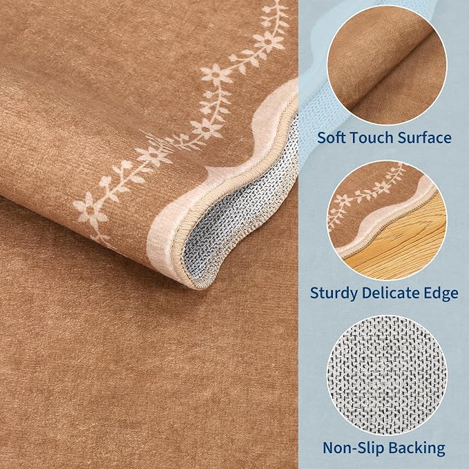 GarveeHome 6x9 Scalloped Area Rug Soft Washable Rug for Living Room Bedroom | Soft Brown Low Pile Non Slip Accent Floor Mat Solid Print Throw Rug Indoor Carpet for Dining Room Dorm Playroom