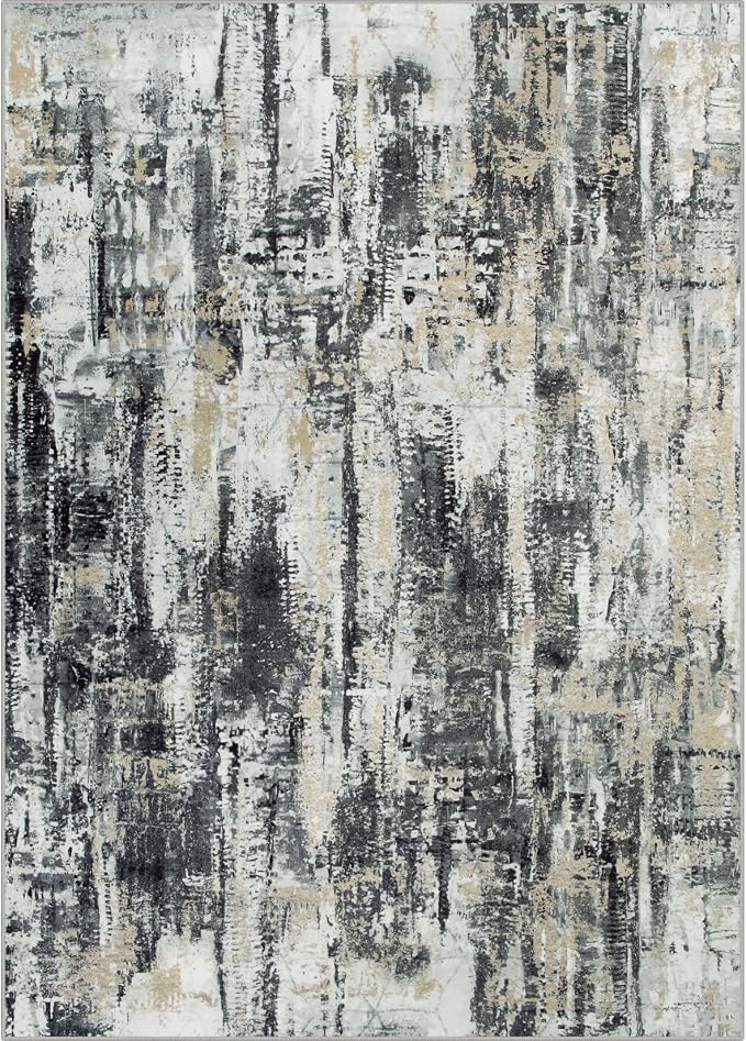 5x7 Area Rugs for Living Room: Washable Abstract Black Grey Gold Carpet | Non-slip TPE backing makes this washable soft low-pile rug safe & durable, Pet-friendly decor for dining room,nursery,office