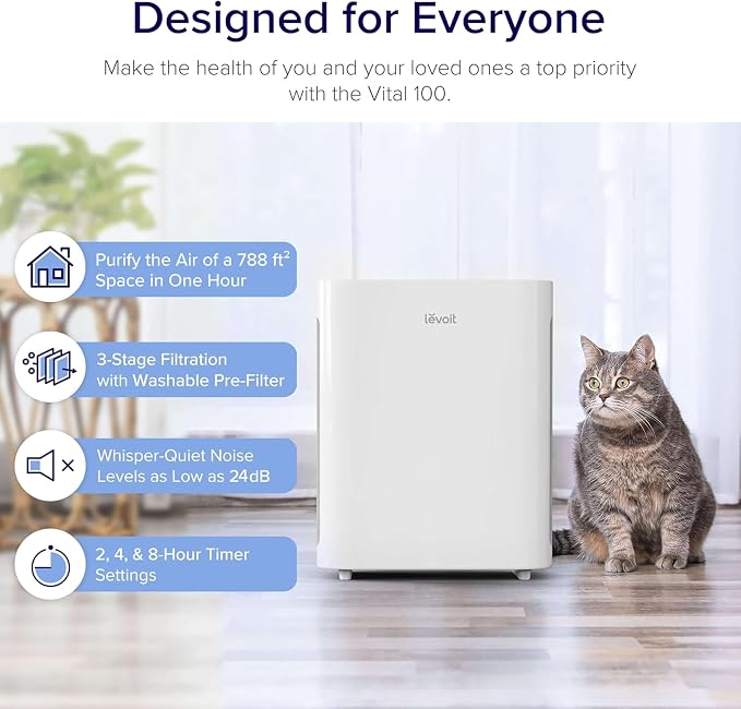 Levoit Air Purifier for Home Bedroom Small Room, Quiet Operation | Washable Pre-Filter for Dander, Smoke, Dust, Pollen, AHAM VERIFIDE, Odor Eliminators, Pet Hair Remover, Vital 100, White