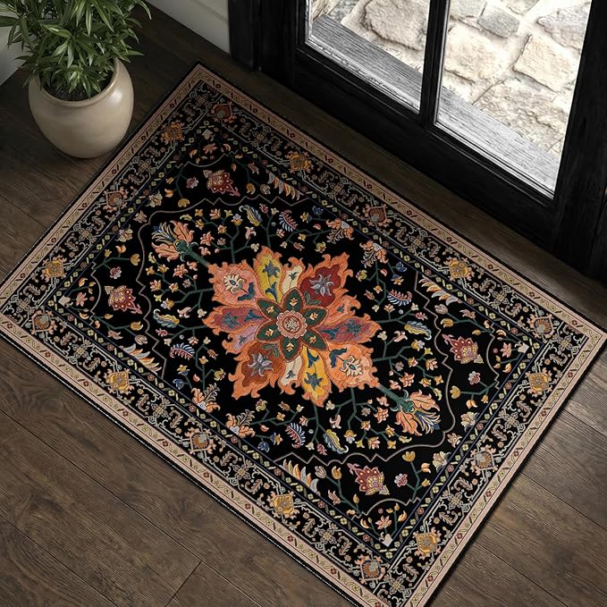 RELEANY Washable Area Rug, Small 2'x3', Black/Colorful | Non-Slip, Water Repellent, Pet Friendly, Easy to Clean, Vintage Floral Boho Decor for Kitchen Entryway Bathroom