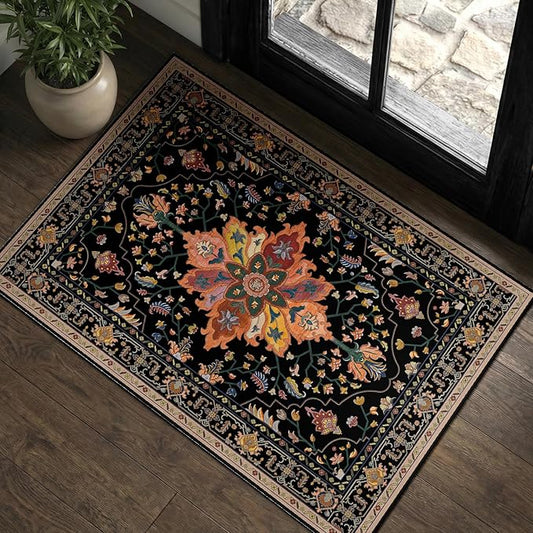 RELEANY Washable Area Rug, Small 2'x3', Black/Colorful | Non-Slip, Water Repellent, Pet Friendly, Easy to Clean, Vintage Floral Boho Decor for Kitchen Entryway Bathroom