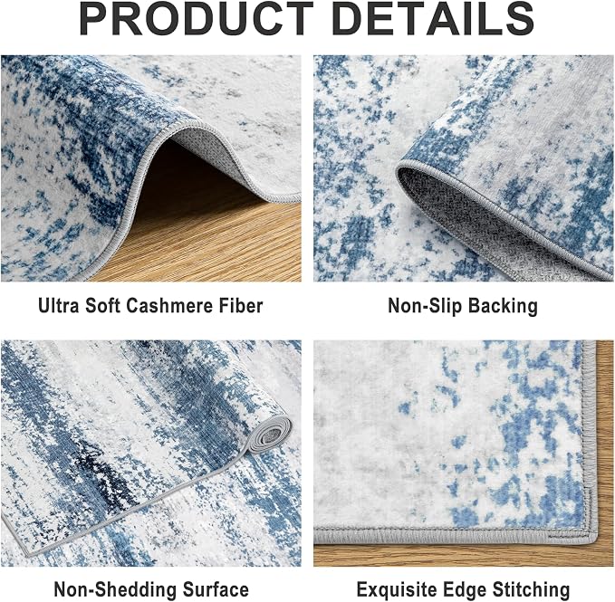 PLHXFR 8x10 Area Rug Living Room: Abstract Washable Carpet White Blue | For Bedroom Dining Room Farmhouse Nursery Home,Machine washable,Non Slip,Large Soft Neutral,Stain Resistant, Indoor Floor