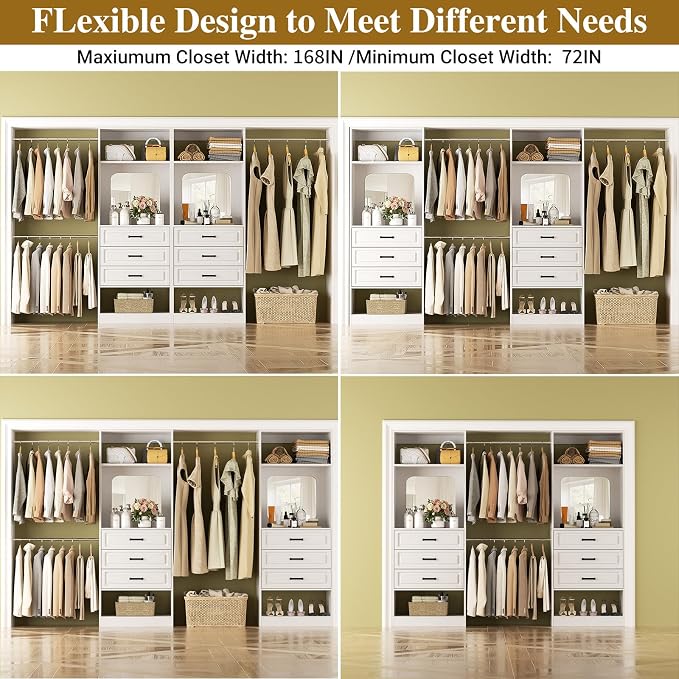Unikito 6-14FT Wood Closet System with 6 Drawers and Mirror, White | Sturdy walk-in organizer wardrobe for clothing, clothes rack with 3 hanging rods, freestanding garment storage tower.
