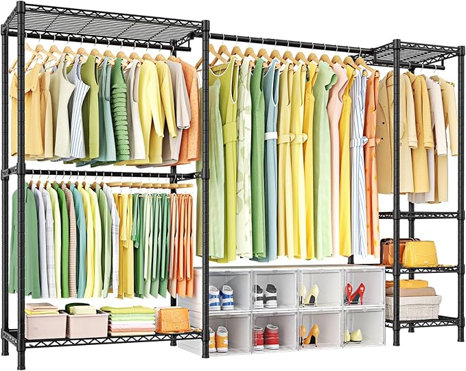 E10 Clothes Rack（With Stretchable Hanger Rod）Freestanding Clothing Racks for Hanging Clothes，Adjustable Closet Organizer System，Portable Garment Rack 73-97"W x 15" D x 72" H，Max Load 800LBS，Black