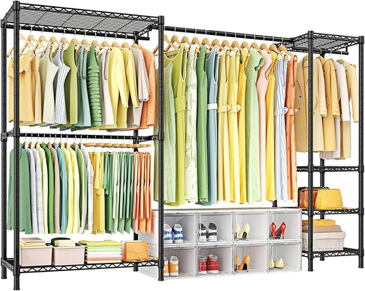 E10 Clothes Rack（With Stretchable Hanger Rod）Freestanding Clothing Racks for Hanging Clothes，Adjustable Closet Organizer System，Portable Garment Rack 73-97"W x 15" D x 72" H，Max Load 800LBS，Black
