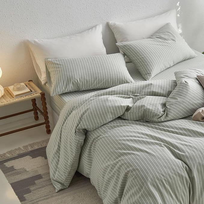 MooMee Striped Duvet Cover Set 100% Washed Cotton Linen Like | Relaxed Linen-like Texture. Soft, Breathable & Long-lasting Comfort. Lightweight. Hidden Zipper with 8 Interior Corner Ties