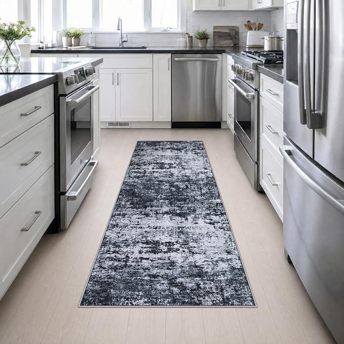 2.6x8 Washable Runner Rug：Modern Abstract Kitchen Carpet Black | For Hallway, Bedroom, Kitchen, Laundry, Bathroom,Door Mat,Modern Abstract,Machine washable,Non-Slip,Stain Resistant,Indoor