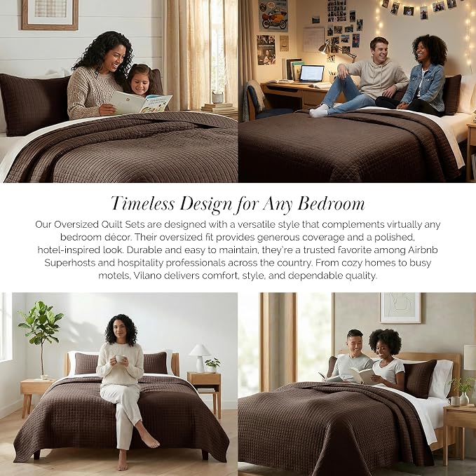 Southshore Fine Living, Inc. Oversized King Quilt Bedding Set, Soft Brushed Microfiber Bedspread, Pet Hair Resistant Bedding, California/King Quilt Coverlet Set with 2 Shams, Chocolate Brown