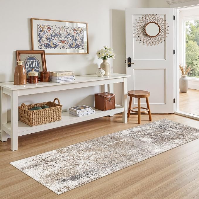 UERMEI 2x6 Washable Runner Rug for Hallway, Non Slip Low Pile Kitchen Carpet, Neutral Modern Abstract Indoor Floor Mat for Entryway Laundry, Kid & Pet Safe High Traffic Area, Brown/Grey/Red