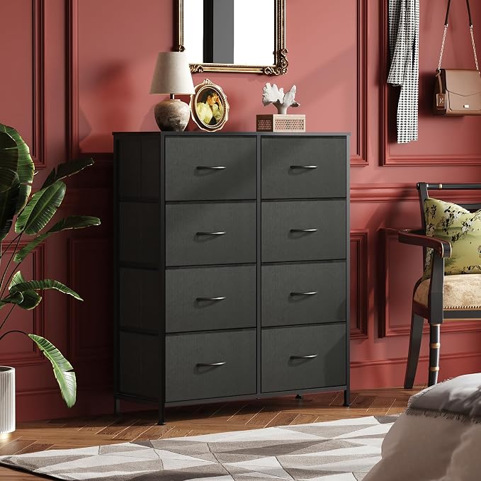 WLIVE Fabric Dresser for Bedroom, Tall Dresser with 8 Drawers, Storage Tower with Fabric Bins, Double Dressers, Chest of Drawers for Closet, Living Room, Hallway, Charcoal Black | Black tall 8-drawer fabric dresser with bins, sleek modern tower for bed...