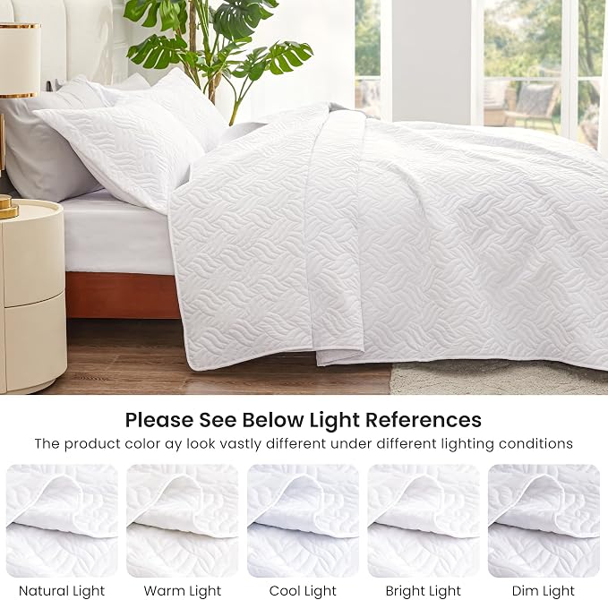 Love's cabin Twin Quilt Set White Bedspreads - Soft Bed Summer Lightweight Bedspread Comforter - Modern Style Wave Pattern Coverlet for All Season - 2 Pieces (1 Quilt, 1 Pillow Sham)