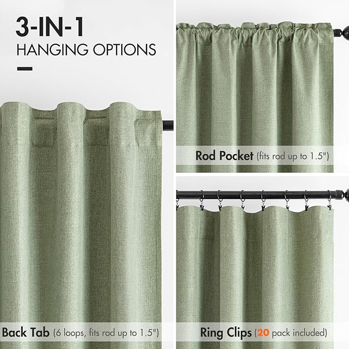 MIULEE 100% Blackout Curtains Linen Curtains & Drapes 108 Inch, Sage Green | 2 Panels, Full Black Out, Thermal Insulated, Room Darkening Window Curtains for Bedroom Living Room , Back Tab & Rod Pocket