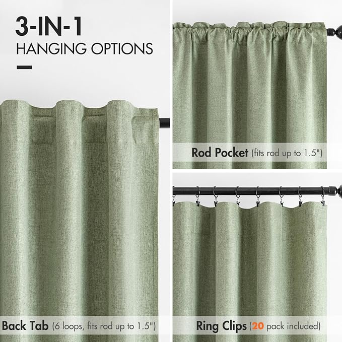MIULEE 100% Blackout Curtains Linen Curtains & Drapes 90 Inch, Sage Green | 2 Panels, Full Black Out, Thermal Insulated, Room Darkening Window Curtains for Bedroom Living Room , Back Tab & Rod Pocket