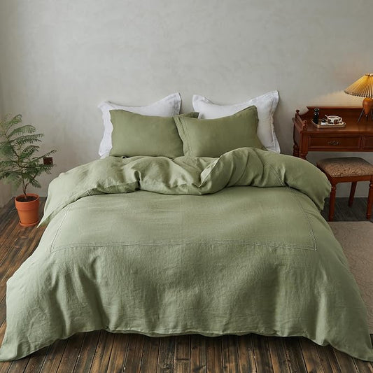 Simple&Opulence 100% Washed Linen Duvet Cover Set 88"x92" - 3 Pieces Soft Farmhouse Comforter Set Double Embroidered with Button Closure - 1 Duvet Cover and 2 Pillowshams (Sage Green, Queen)