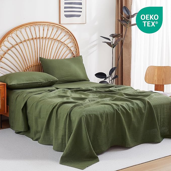 100% Linen Sheets Set King Size, Natural Pure Flax 4 Piece Bed Sets, 16" Deep Pocket, Breathable Cooling Bed Soft Durable Bedding, Machine Washable (Mossy Green,King)