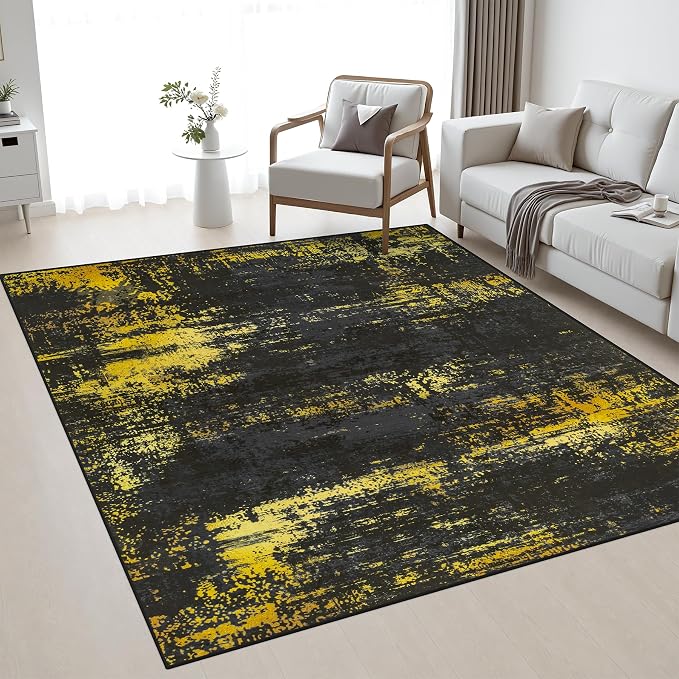 Area Rug Living Room: 4x4 Modern Washable Soft Carpet Black Gold | For Bedroom Dining Room Farmhouse Nursery Hallway Office,Modern Abstract,Machine washable,Non-Slip,Stain Resistant,Indoor