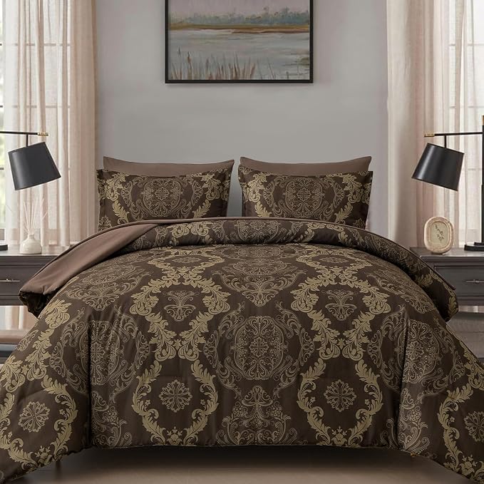 WONGS BEDDING Damask Comforter Set King Size, Coffee Gold Texture Design 7 Pcs Bed in a Bag Microfiber Comforter Bedding Sets -1 Comforter, 1 Flat Sheet, 1 Fitted Sheet, 2 Pillow Shams,2 Pillowcases