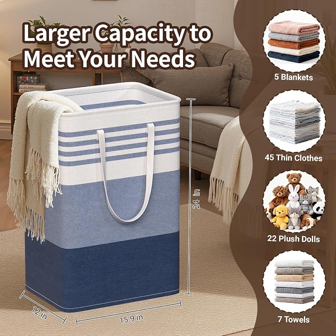 WOWBOX 2 Pack Laundry Baskets, Collapsible Dirty Clothes Laundry Hampers | with Reinforced Handles, Waterproof Coating, 2 Pack for Clean & Dirty Clothes, for Bedroom, Bathroom, Dorm (75L Blue)