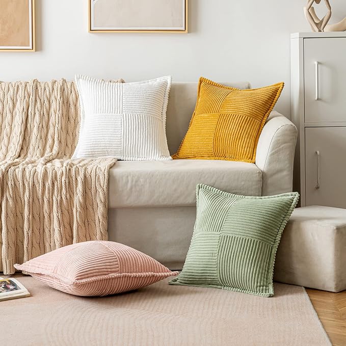 MIULEE Decorative Throw Pillow Covers for Couch 16x16 Inch White 2 Pack | Boho Broadside Striped Patchwork Pillow Covers, Soft Corduroy Cushion Cases, For Sofa Bed Livingroom Home Decor