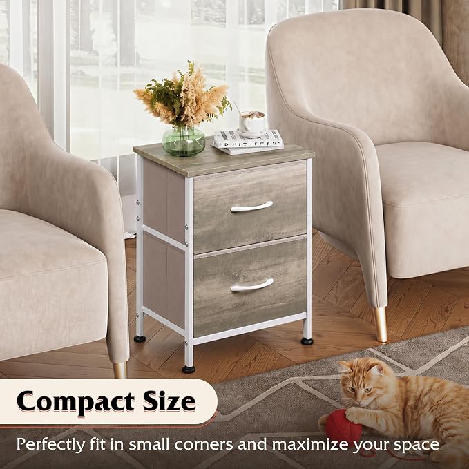 WLIVE Nightstand, 2 Drawer Dresser for Bedroom, Small Dresser with 2 Drawers, Bedside Furniture, Night Stand, End Table with Fabric Bins for Bedroom, Closet, College Dorm, Greige Oak | End Table with Fabric Bins for Bedroom, Sturdy Metal Frame & Adjust...