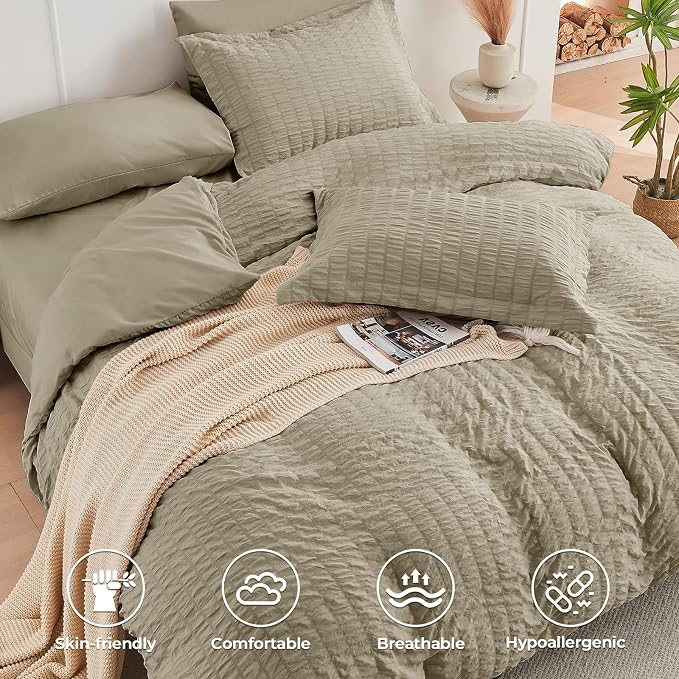 HYMOKEGE Linen Twin Size Duvet Cover, Ultra Soft 2-Piece Seersucker Duvet Cover Set with Zipper Closure, Soft Brushed Microfiber Bedding Set with 8 Corner Ties (68"x90", 1 Pillowshams)