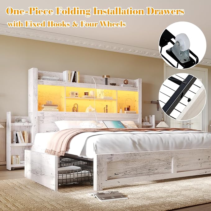 LUXOAK Full Bed Frame with Storage, Bookcase Headboard, Distressed White | 49.6" Headboard, Wood Platform Bed, Charging Station, Bedside Storage, 4 Storage Drawers, No Box Spring Needed, Farmhouse