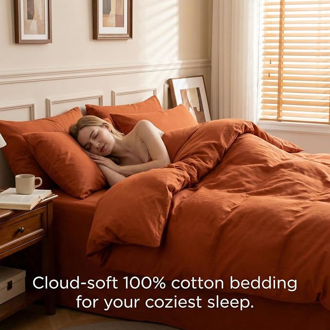 HeimenAogo Egyptian Cotton Duvet Cover Set California King, Ultra Soft and Breathable Comforter Cover with Zipper Closure, High Thread Count Long Staple Cotton Blanket Cover 3pcs, Burnt Orange