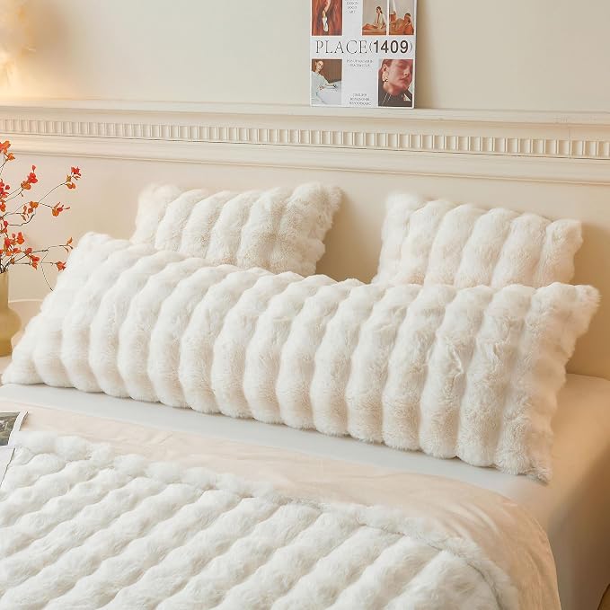 LIFEREVO Fluffy Faux Rabbit Fur Body Pillow Cover 20"x54", Beige | Luxury Bubble Shaggy Ivory Bed Pillowcase with Zipper Closure, Decorative Furry Long Pillow Case for Adults Kids Girls Teens
