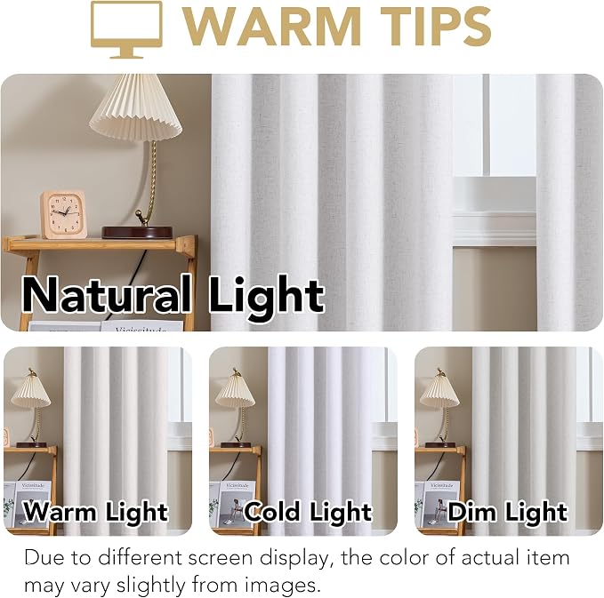 H.VERSAILTEX Linen Curtains 100% Blackout Curtains for Bedroom 120 inch Long Full Light Blocking Nature Linen Blended Window Curtains for Living Room Nickel Grommet (2 Panels, Heathered White)