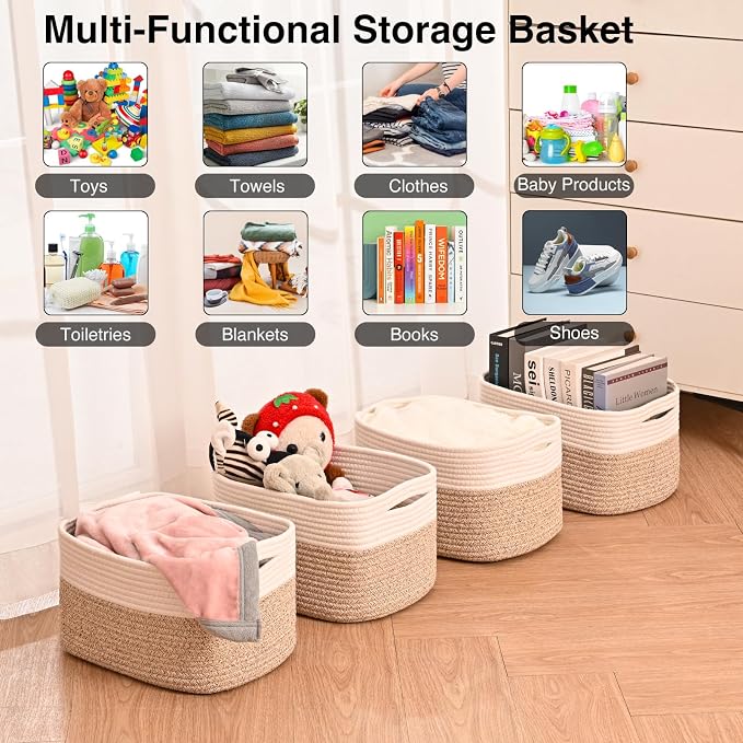 ICERZCZ Storage Baskets for Shelves, Woven Storage Basket, Bins for Cube Storage, Cotton Rope Basket with Handles for Toy, Book, and Clothes Living Room, (4 Packs) Off White & Brown