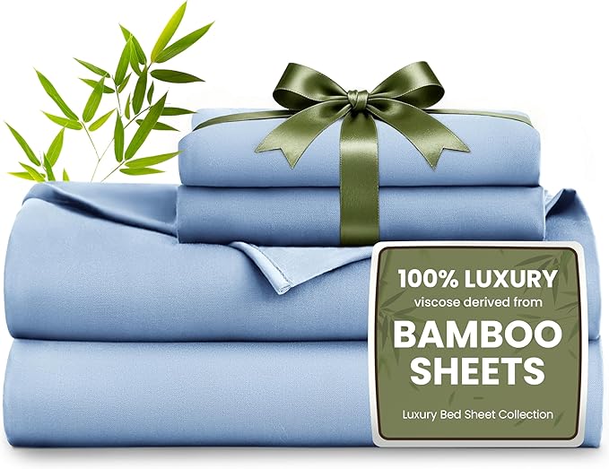 Love's cabin 4 Piece Full Size Sheet Set, 100% Rayon Derived from Bamboo, Cooling & Breathable, Soft Silky Deep Pocket up to 16", Hotel Luxury Bedding for Hot Sleepers, Mineral Blue