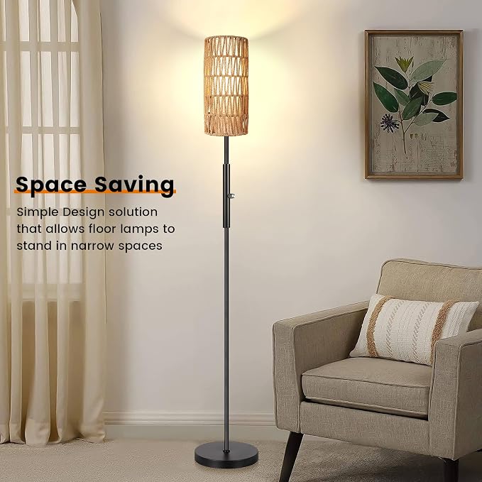 PARTPHONER Boho Floor Lamp for Living Room with 3 Color Temperatures LED Bulb, Standing Lamp Tall Lamp Reading for Bedroom, Office, Kids Room (9W LED Bulb, Rattan & Fabric Shades Included)