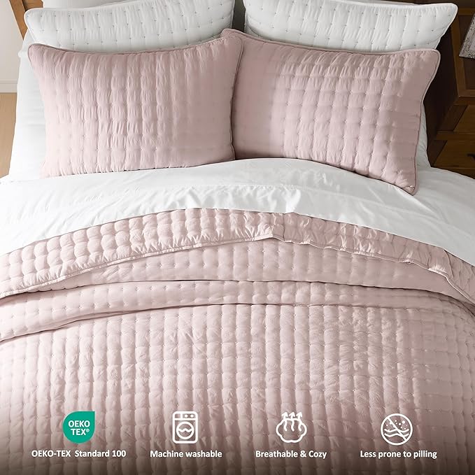 WDCOZY Pink Queen Size Quilt Bedding Sets with Pillow Shams, Lightweight Soft Bedspread Coverlet, Quilted Blanket Thin Comforter Bed Cover, All Season Summer Spring, 3 Pieces, 90x90 inches