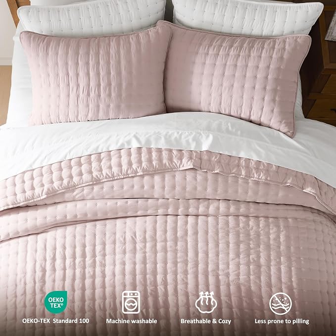 WDCOZY Pink Twin Size Quilt Bedding Sets with Pillow Sham, Lightweight Soft Bedspread Coverlet, Quilted Blanket Thin Comforter Bed Cover, All Season Summer Spring, 2 Pieces, 68x90 inches