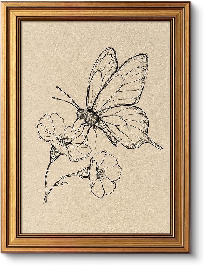 VIYYIEA Vintage Gold Framed Wall Art for Living Room, Butterfly Canvas Prints Home Decor, Sketch Painting Picture, Bedroom Wall Decor Gifts for Friends or Family -【Dancing with Flowers】-(16L x 12W)