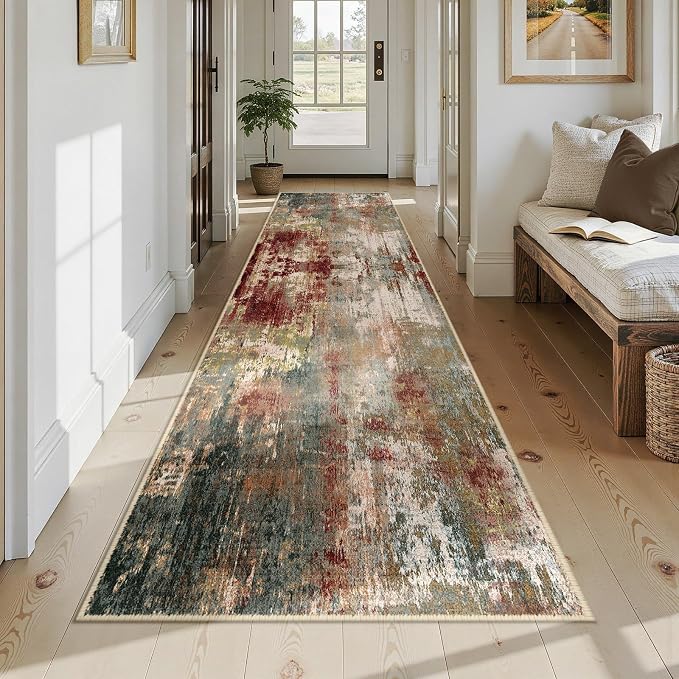 RELEANY Washable Runner 3'x12' Abstract Area Rug for Hallway Rustic Brown | Carpet for Kitchen, Entryway, Bathroom, Living Room, Bedroom, Printed Pattern, Non‑Slip, Soft, Stain‑Resistant, Easy to Clean