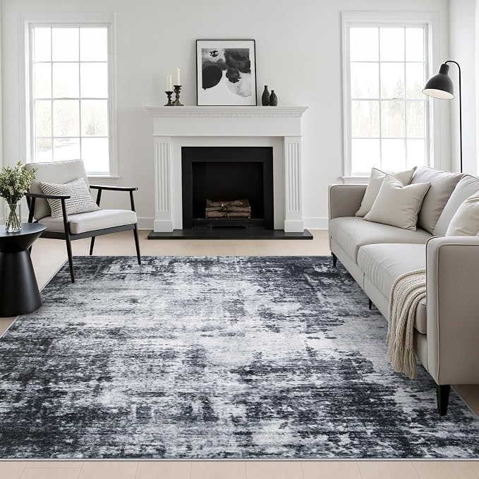 Area Rug Living Room: 8x8 Modern Washable Soft Carpet Dark Black | For Bedroom Dining Room Farmhouse Nursery Hallway Office,Modern Abstract,Machine washable,Non-Slip,Stain Resistant,Indoor