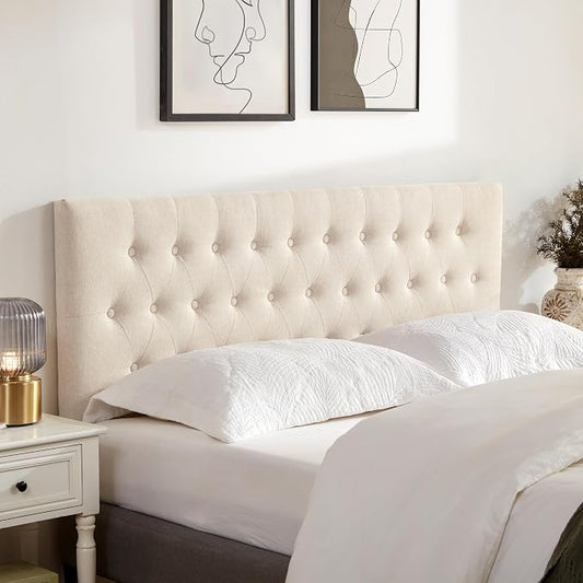 Tufted Upholstered Headboard Queen Size, Adjustable Height 37- 51 in, Beige | Sturdy and Durable Solid Wood Bed Headboard, Fabric Queen Headboard Only, Modern Button Diamond Design Head Board